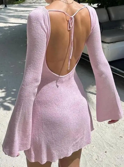 Women Dresses 2026 New Spring Summer Solid Color Spicy Girl Fashion Elegant Round Neck Long Sleeve Backless Slim Mini...