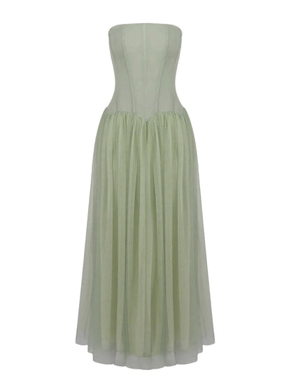 Sexy Sleeveless Mesh Patchwork Long Dress Women Light Green Strapless Slim A Line Dresses Celebrity Evening Club Party...