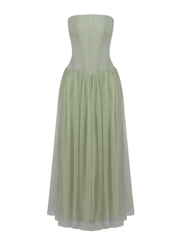 Sexy Sleeveless Mesh Patchwork Long Dress Women Light Green Strapless Slim A Line Dresses Celebrity Evening Club Party...