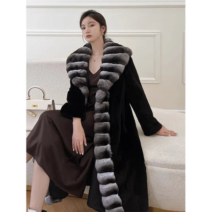 Long Faux Fur Coat Women Autumn Winter Large Jacket Overcoat White Turn Down Collar Pockets Thick Coat Warm Jackets Maxi Coats