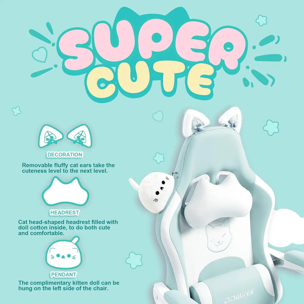 Cute Cat Ear Gaming Chair with Massage Lumbar Support, Ergonomic Reclining Computer Chair for Girls and Adults, Blue...