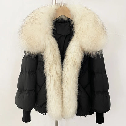 OFTBUY Large Real Raccoon Fur Jacket Knit Sleeve Real Fur New Winter Puffer Jacket Women White Duck Down Coat Oversized Feather