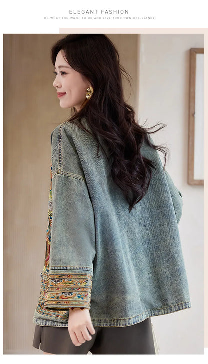 Women Distressed Denim Jacket Heavy Embroidery Lucky Chinese Style 2026 Spring Loose Casual Jean Coat