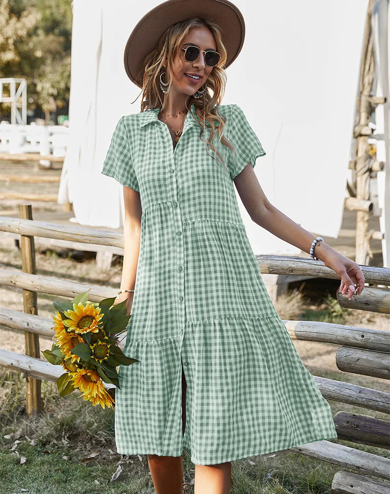 2026 Women's Checkered Short-Sleeve Shirtdress Single-breasted Button-down Short-sleeved Dress Casual Country-style Long...