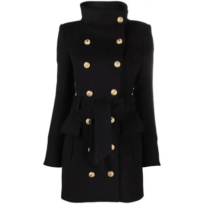 Women New Winter Black Wool Coat Gold Double Breasted Long Sleeve Coat
