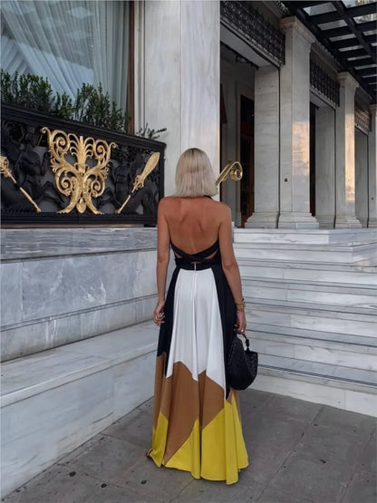 Sexy Halterneck Sleeveless Dress For Women Fashionable Summer Color-blocked Waistless Backless Loose Casual Dresses For...