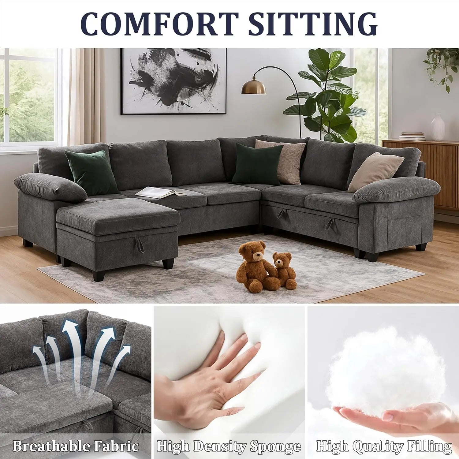 108 Inch Sectional Sleeper L Shaped Sofa with Pull Out Bed, 7 Seat Modular Sectional Sofa with Storage, Modern Chenille...