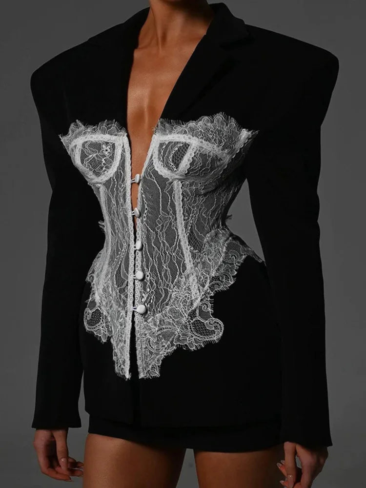 ZMEENNA 2025 Spring New Women's Black Blazer With Delicate White Lace Corset Overlay Structured Shoulders ZM954