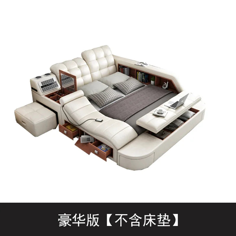 Genuine Leather Tech Smart  Multifunctional Beds Massage Modern Luxury Camas Upholstered With Bluetooth Speaker,Air Cleaner