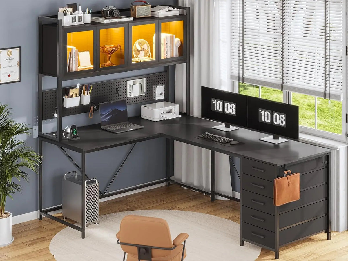 L Shaped Gaming Desk with Drawers,Gaming Desk with Pegboard, Led Lights, and Power Outlet, Home Office Desk, Corner...