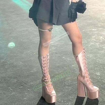 High Platform Pink Sandals Hollow Cuts Straps Buckles Chunky High Heels Solid Knee High Long Sandals Ladies Summer Sexy Shoes - Kimlud