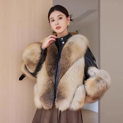 Autumn Winter New Real Fox Fur Jacket Women's Overcoat Fashion Loose Short Motorcycle Clothes Warm Parka Coat
