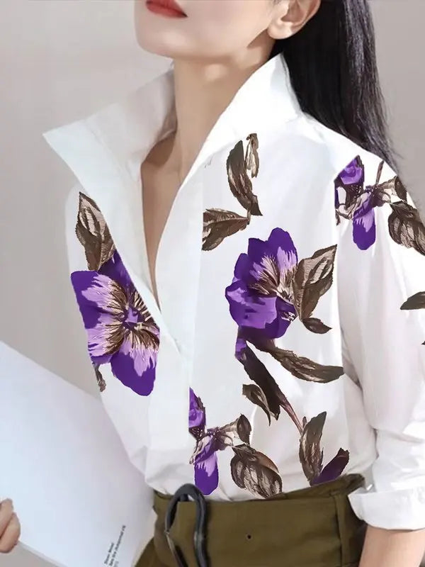 Modigirl 2025 Summer Spring Casual White Shirts for Women Long Sleeves Urban Elegant Stand Collar Woman Flower Print Blouse Tops - Kimlud