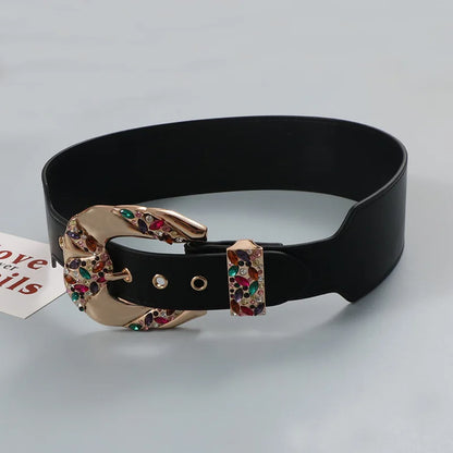 Luxury Retro Color Rhinestone Zircon Metal Belt Niche Design Elegant Fashion Leather Wide Belt Women Down Coat Skirt...