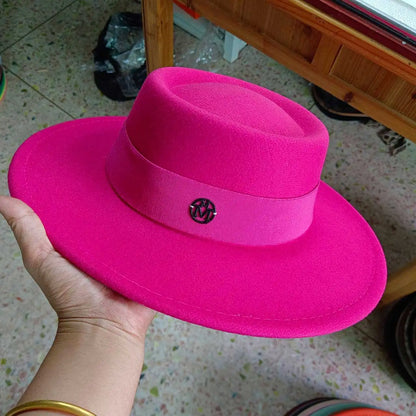 French felt hat Flat-top  Autumn and winter felt hats Letter accessories women's wide-brimmed hat sombrero fedora  sombrero