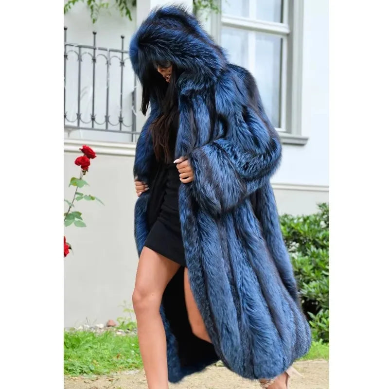 BFFUR Luxury Real Fox Fur Coat With Hood Winter Women'S Genuine Full Pelt Natural Fox X-Long Outdoor Jacket Thick Warm Coat
