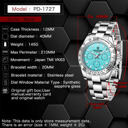 New PAGANI DESIGN Stainless Steel Bracelet Men's Quartz Watch Luxury Sapphire Glass Chronograph VK63 Men's Reloj Hombre Watch