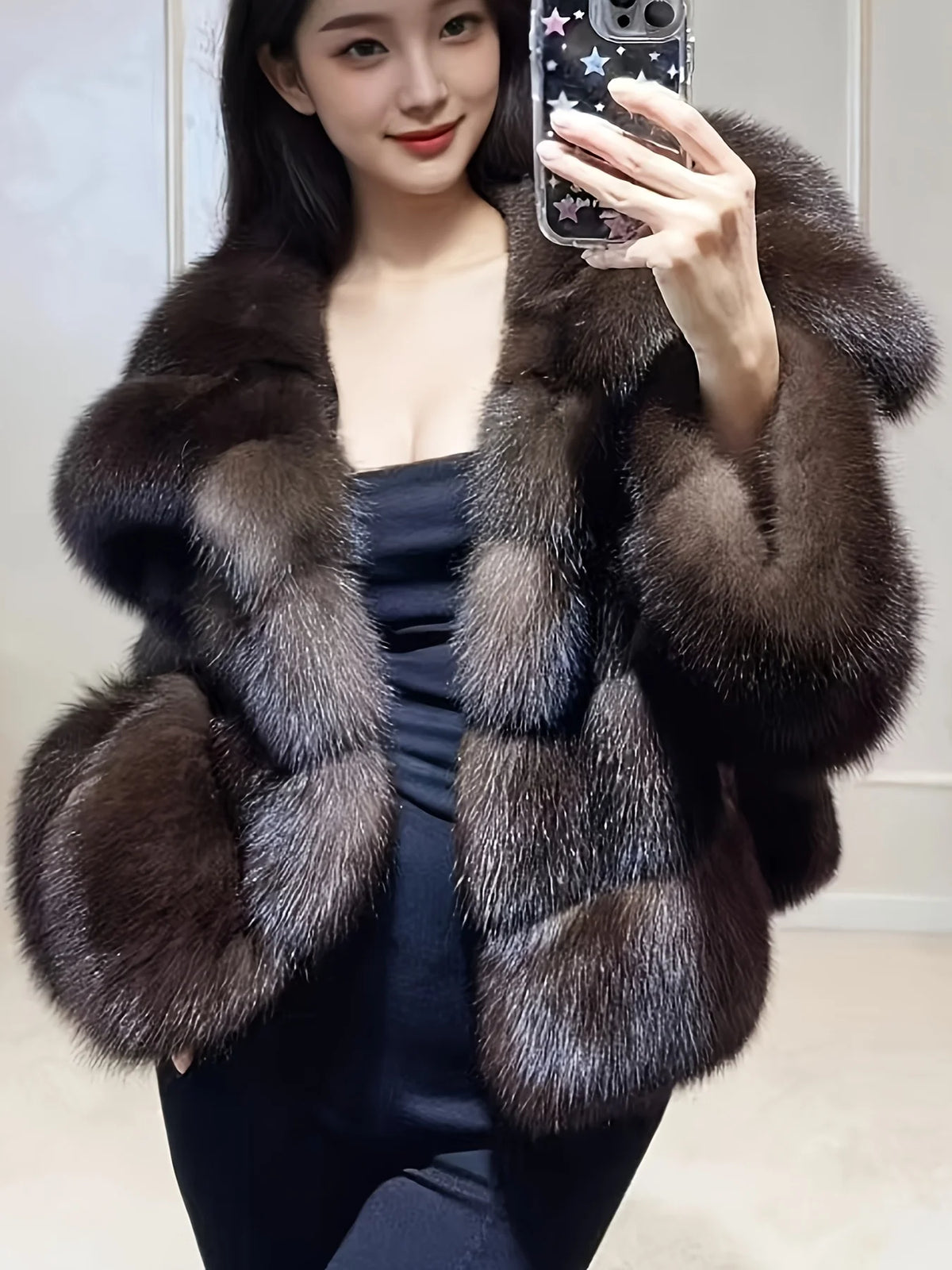 Imitation Fur Russian Sable Pit Strip Large Lapel Long Sleeve Autumn-Winter Fashionable Warm Cropped Women's Street Coat