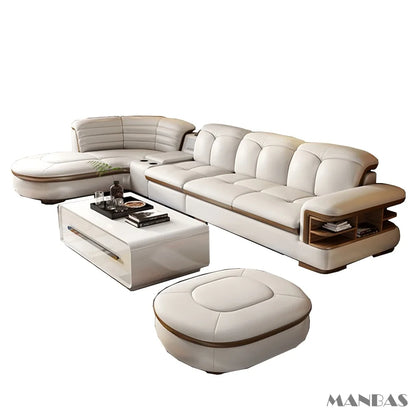 Luxury L-Shaped Genuine Leather Sectional Sofa Sets with USB, Bluetooth Speaker - Linlamlim Living Room Italian Leather Couches - Kimlud