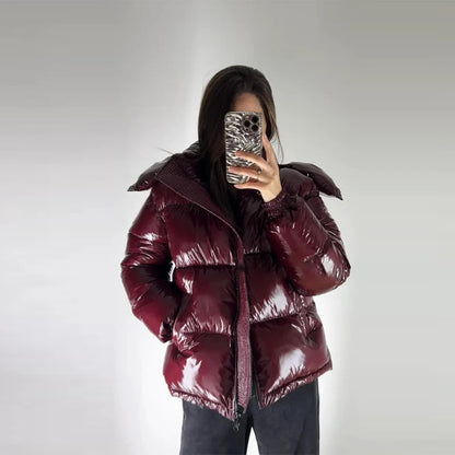 Chic Glossy Women's Thicken Cotton Coats Hooded Solid Loose Zippers Warm Lady Coat 2025 Winter Casual Female Street Jackets