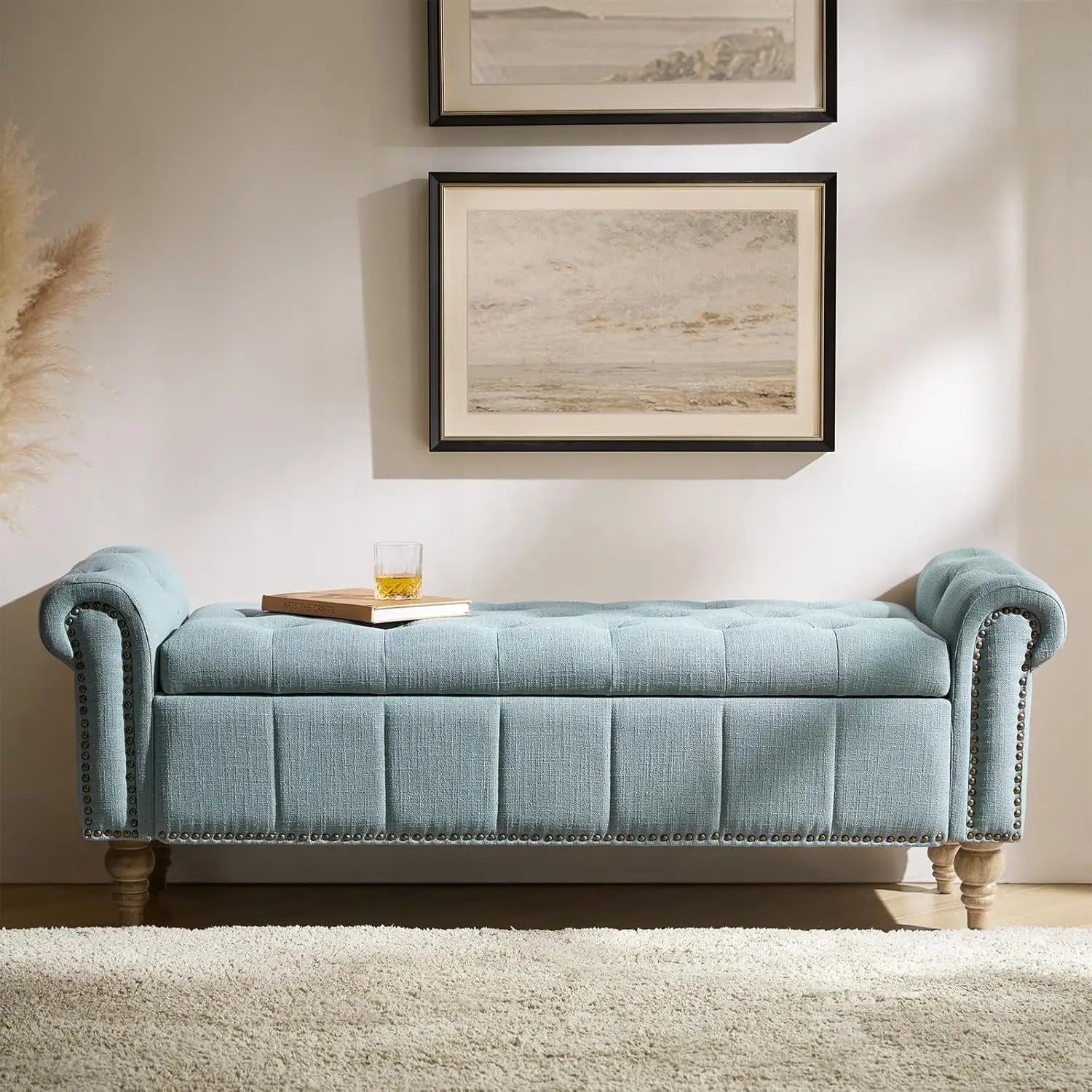 Farmhouse Upholstered Storage Bench, End of Bed Bench with Vintage Button Tufted Design(Blue)