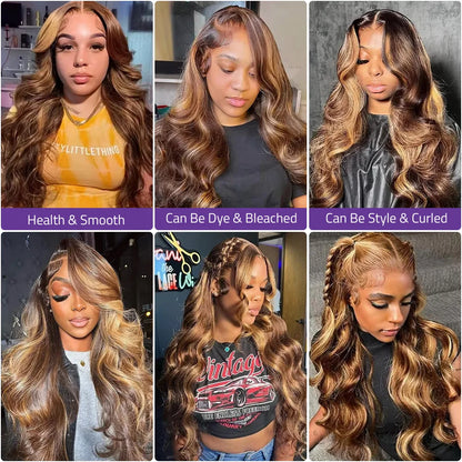 30 40 Inches Body Wave P4/27 Highlight Human Hair Wig 13x4 13x6 HD Lace Frontal Honey Blonde Colored Wigs For Women PrePlucked - Kimlud