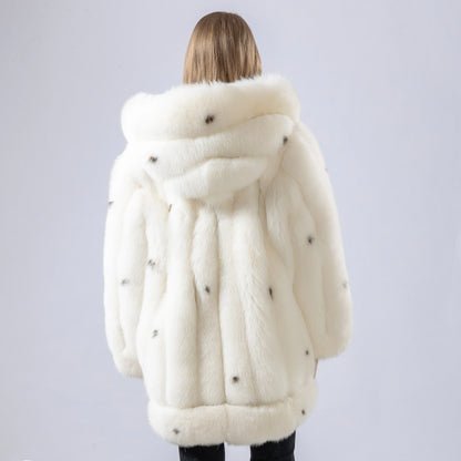 Polka Dot real fox fur coat with hood Mid-length overcoat 250465