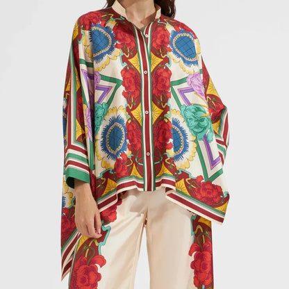 2 Piece Sets Fashion Women's Irregular Geometric Print Pants Sets Long Sleeve Shirts And Wide Leg Pants Stylish Streetwear Suit