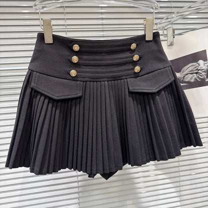 DEAT Trendy 2026 Autumn New Elegant Double Breasted Faux Woolen High-Waisted Pleated Skirt For Women A-line Skirts 11C320