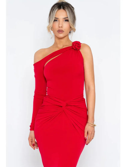 Kimlud Dresses - Articat Elegant Single Sleeve Irregular Hollow Out Bodycon Party Club Evening Dress Women Sexy Fold Spring/S