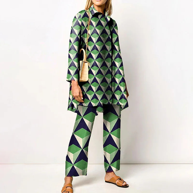 Autumn New Vintage Printed Pant Sets Women Long Shirts And Wide Legs Trousers Two Piece Set Fashion Trendy Streetwear Lady Suits
