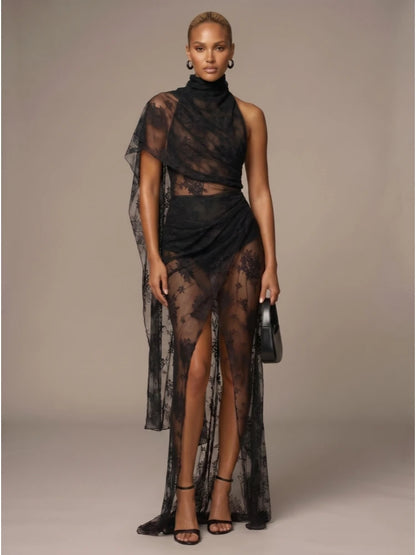 Sexy Backless High Neck Lace See Through Draped Folds Split Long Dress Women Black Sleeveless Slim Dresses Evening Party Gowns