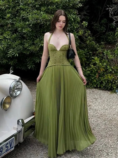 Sexy Halter Neck Lace Corset Pleated Maxi Dress Women Green Sleeveless Backless Lace-up A-line Long Dresses Evening...