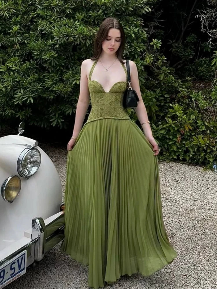 Sexy Halter Neck Lace Corset Pleated Maxi Dress Women Green Sleeveless Backless Lace-up A-line Long Dresses Evening...