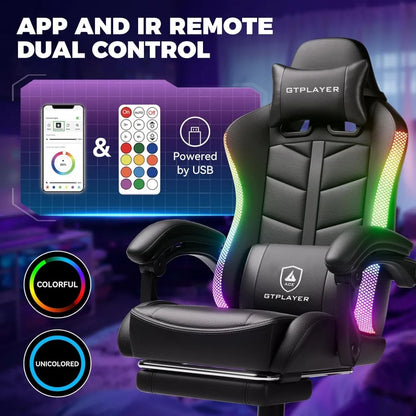 gtplayer rgb gaming chair with footrest, computer gaming chair with led lights for adults, height adjustable pc gamer chair with