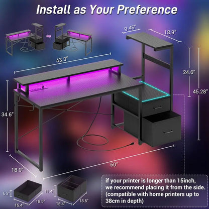 Gaming Desk with LED Strip amp Power Outlet, 59Inch Reversible Computer Desk with Monitor Stand amp Storage Shelves, Home Office