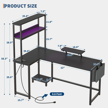 L Shaped Gaming Desk with Power Outlets & LED Lights, Corner Desk with Monitor Stand for Home Office, Space-Saving |...