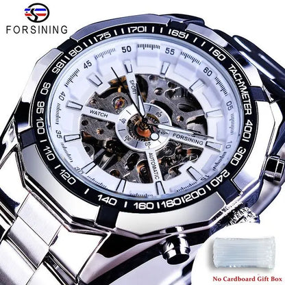 Forsining 2021 Stainless Steel Waterproof Mens Skeleton Watches Top Brand Luxury Transparent Mechanical Sport Male Wrist Watches - Kimlud