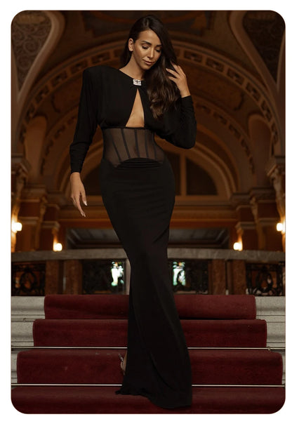 VC Elegant Black Diamond Maxi Evening Dress with Mesh Corset Waist and Jewel Detail – Long Sleeve Formal Evening Gown