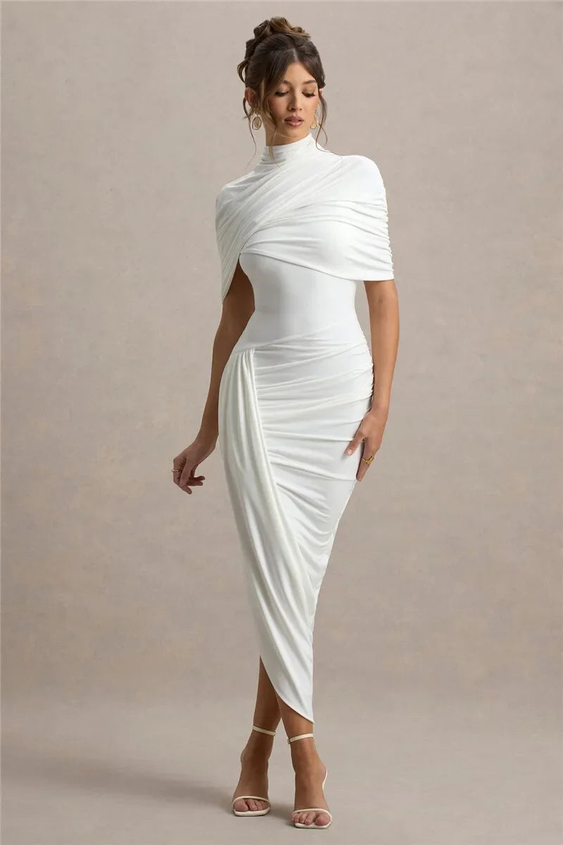 Half Sleeve Backless Ruched Sexy Maxi Dress Women Summer New Turtleneck Slim High Waist Evening Club Party Long Dress