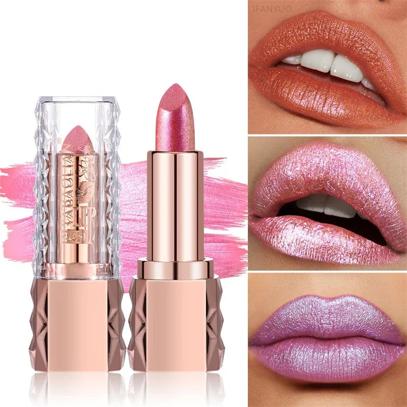 Pink Luxurious Metallic Glitter Lipstick Lasting Waterproof Shimmery Pearl Sparkling Hydrating Lipstick Women Makeup Cosmetic