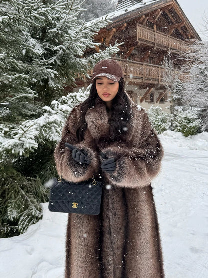 Brown Stripes Gradient Premium Faux Fur Maxi Long Coat Luxury Vintage Fluffy Lapel Collar Midi Coat Pinterest Style Slay Outfits