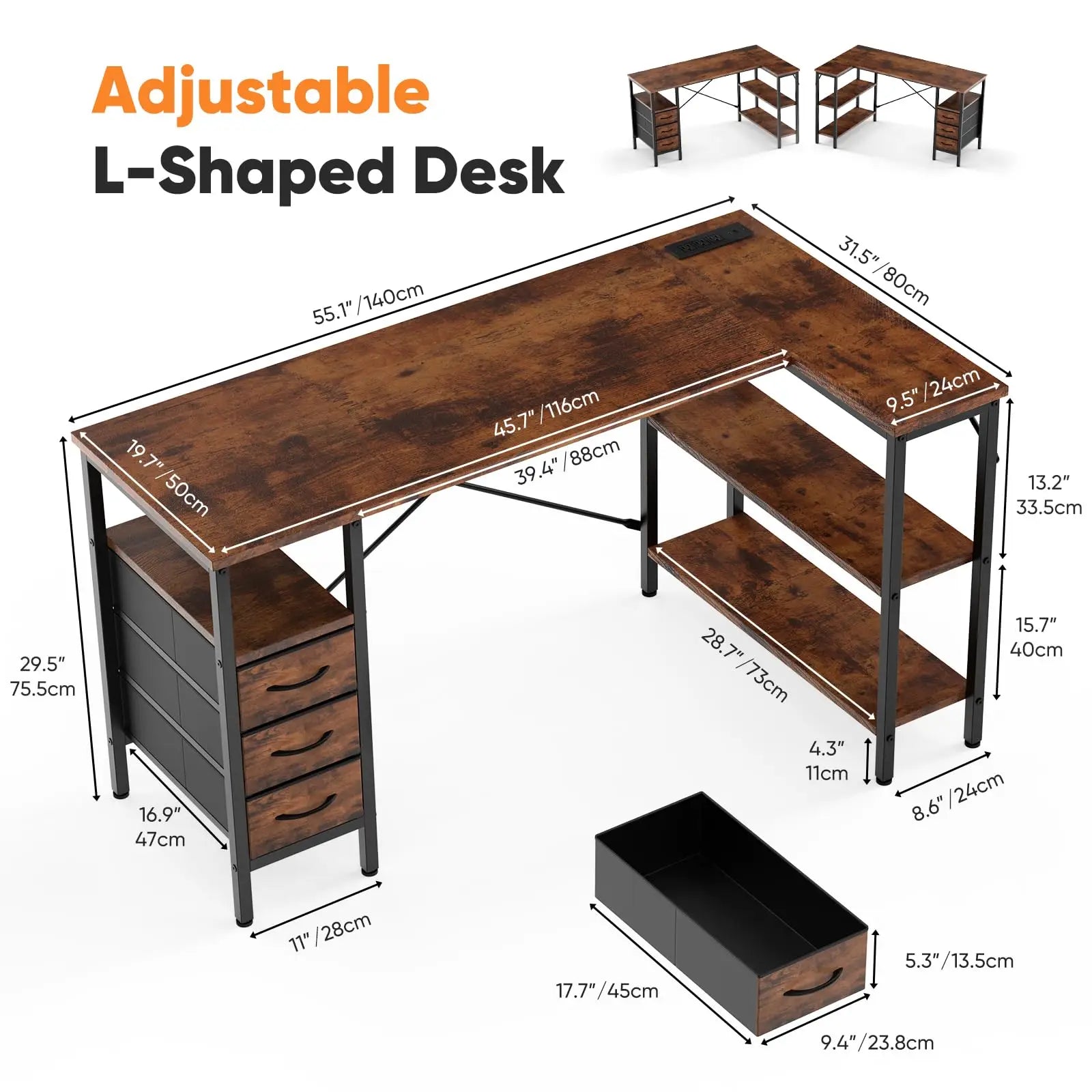 JHK L Shaped Desk with Shelf Drawers 55 Inch Corner Computer Desks Gaming with Power Outlet Adjustable Shelves Home Office Table