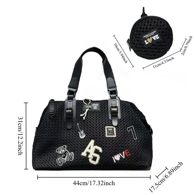 Fashionable women's mesh nylon adhesive tote bag, large capacity splicing shoulder bag, short distance travel casual handbag - Kimlud