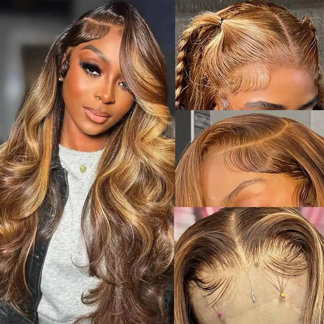 13x4 HD Highlight Ombre Body Wave Wigs Human Hair P4/27 Blonde Brown Wig13x6 Lace Frontal Wig Colored Human Hair For Women - Kimlud