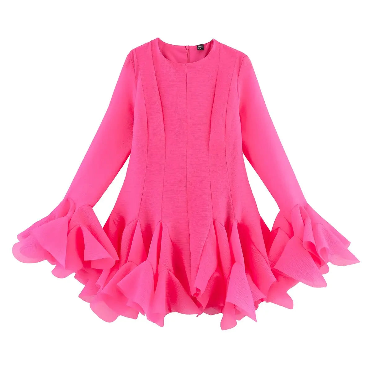 2026 Summer Women's Elegant Multi-Layered Ruffled Hem Mini Dresses Lady Sweet French Style Long Flare Sleeve Slim Fit Puffy Robe - Kimlud