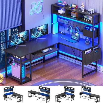 L Shaped Gaming Desk with Hutch 57.5 Reversible Corner Computer Desk Featuring Adjustable Storage Shelves Integrated...