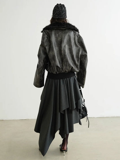 [EAM] High Waist Dark Gray Cut Style Burr Irregular Slit Half-body Skirt Women Fashion Tide New Spring Autumn 2026 1DH9336