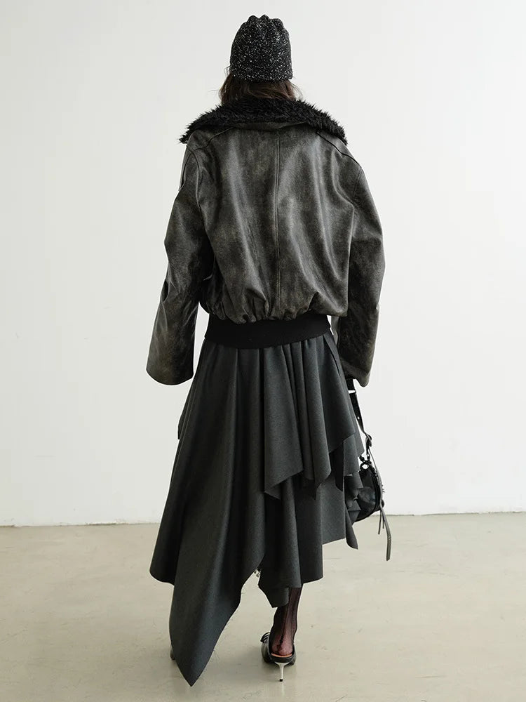 [EAM] High Waist Dark Gray Cut Style Burr Irregular Slit Half-body Skirt Women Fashion Tide New Spring Autumn 2026 1DH9336