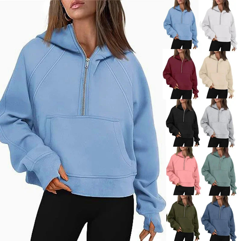 Half Zipper Hooded Short Plush Sweater, Casual Sports Sweater, New Fashion, Autumn, Winter, 2024 - Kimlud